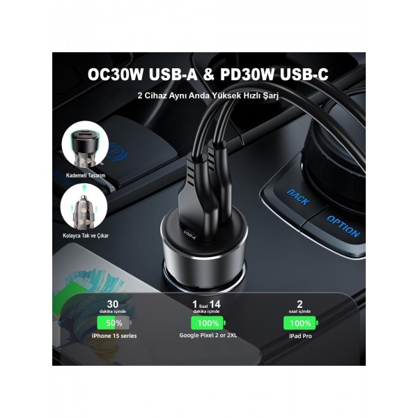 Acefast 60W USB-C + USB-A 2 Port Hızlı Araç Şarj Aleti Araç Güç Adaptörü iPhone & Android & iPad & MacBook Type-C - B12